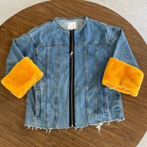 Zara Blue Denim Jacket with Orange Faux Fur Cuffs